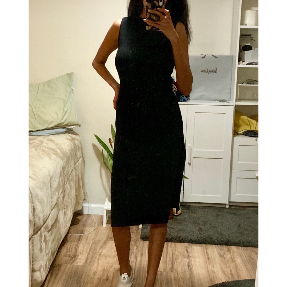 Zeagoo Ribbed Side Slit Midi Black Dress